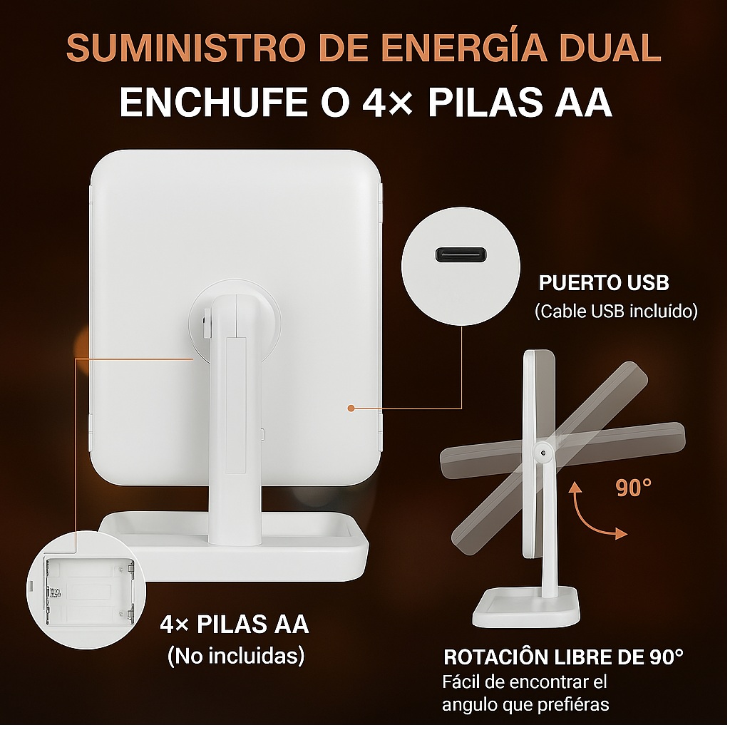 Espejo LED Plegable con Luz para Maquillaje - Triple Aumento Recargable - Imagen 3
