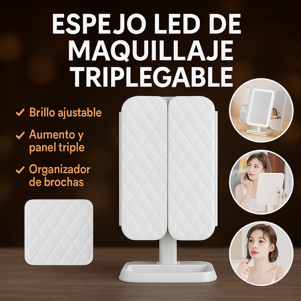 Espejo LED Plegable con Luz para Maquillaje - Triple Aumento Recargable - Imagen 5